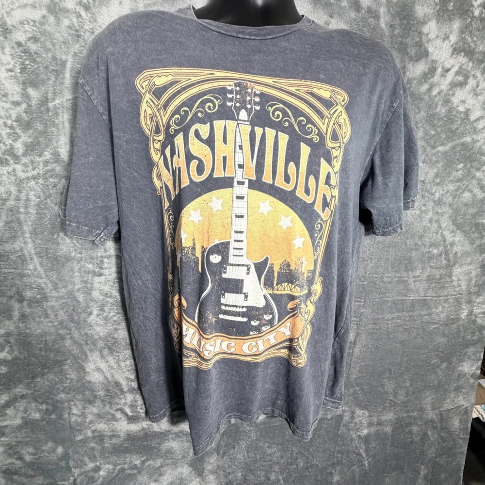 Lotus‎ Fashion Mens Nashville Music City T-Shirt L Gray Graphic Guitar Faded